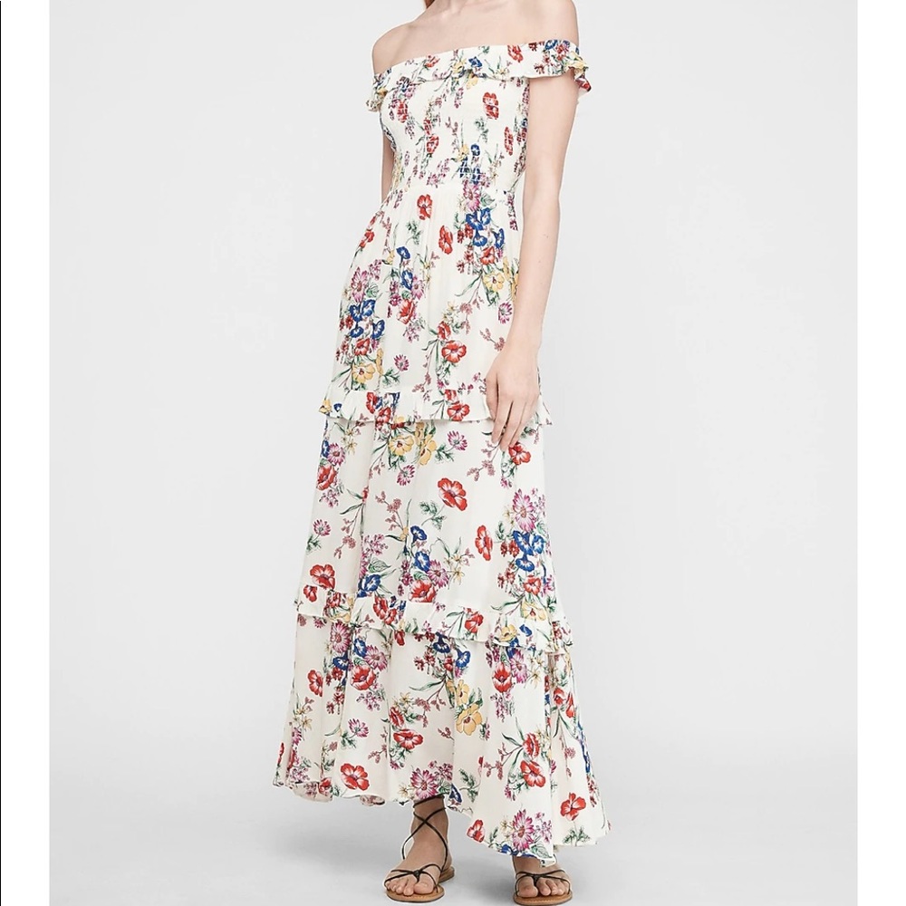 Express Floral Off the Shoulder Tiered Maxi Dress in While